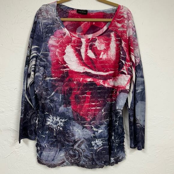 Lane Bryant Pink Blue Rose Print Tie Dye Ruffled Blouse Womens 22/24 Y2K Floral - Picture 1 of 9